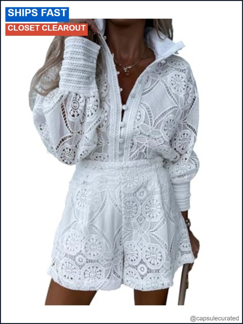 Eyelet Lace 2-Piece Blouse & Shorts Set, Mock Neck Button-Down for Vacation